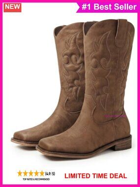 Square Toe Mid Calf Western Cowboy Boots PU Block Heel
